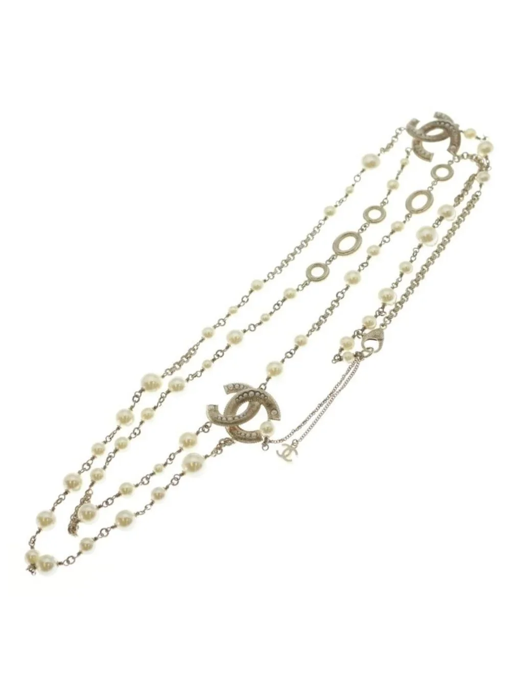 Chanel CC Logo Double Strand Pearl Pendant Chain White Gold